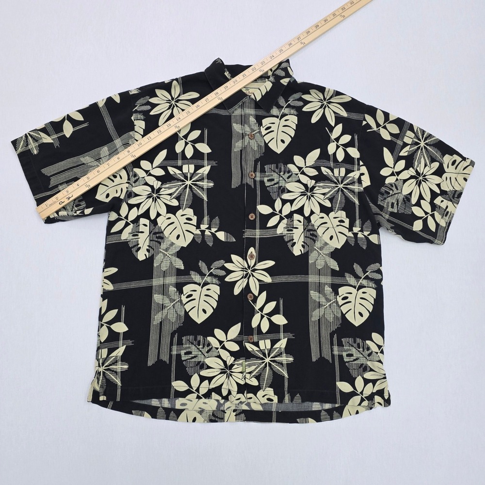Tommy Bahama Mens Large Silk Tropical Floral Leaf Button Down Shirt Black Cream - Picture 10 of 12